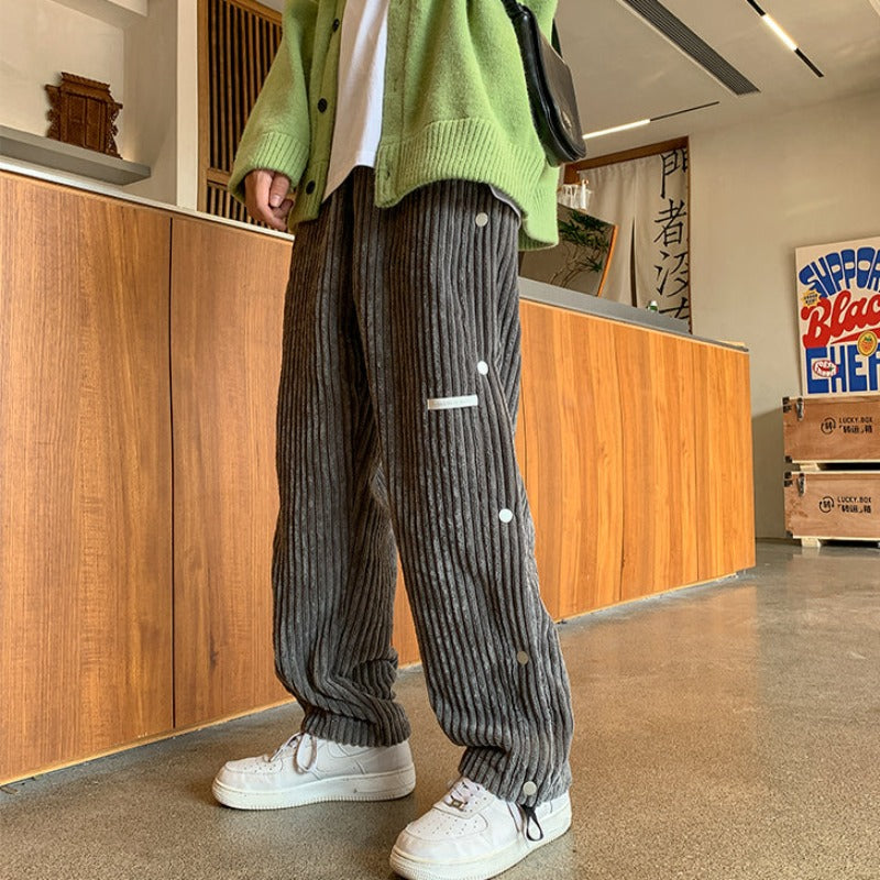 Straight Fit Side Button Corduroy Pants - nightcity clothing