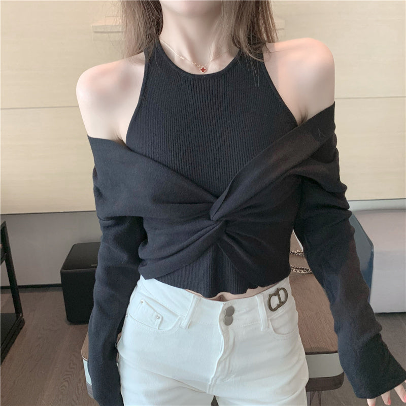 Mock Layered Knot Cold Shoulder Long Sleeve Top - nightcity clothing