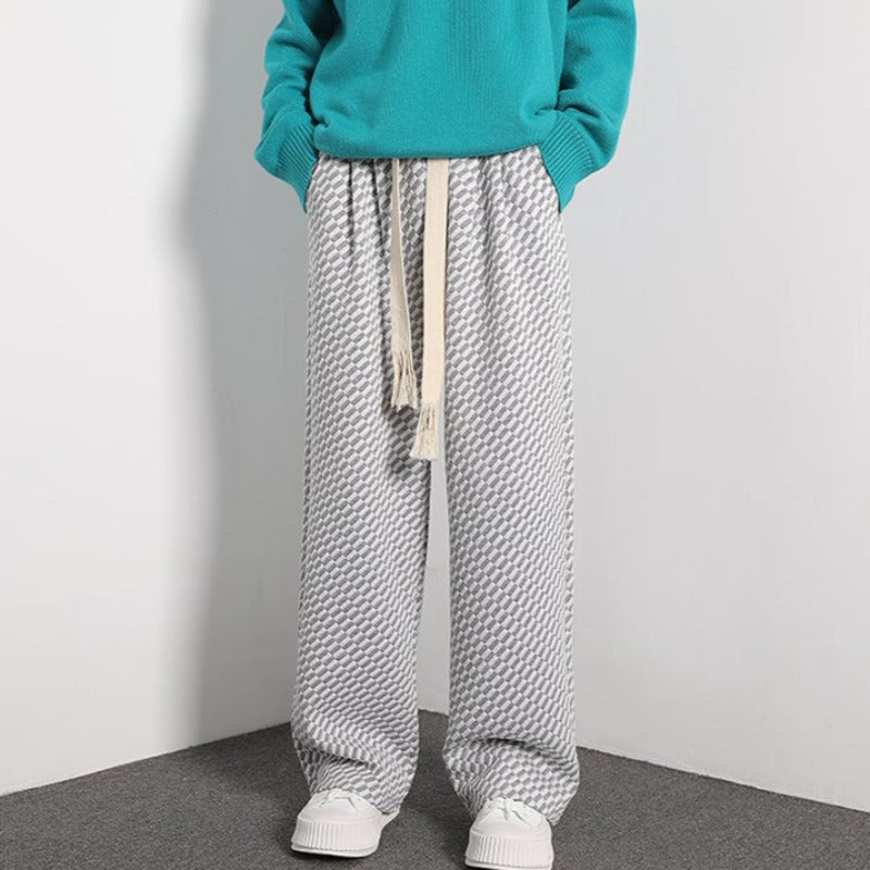 Diagonal Checker Wide Leg Pants with Chunky Drawstring - nightcity clothing