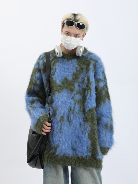 Ribbed Trim Abstract Print Fuzzy Mohair Sweater - nightcity clothing