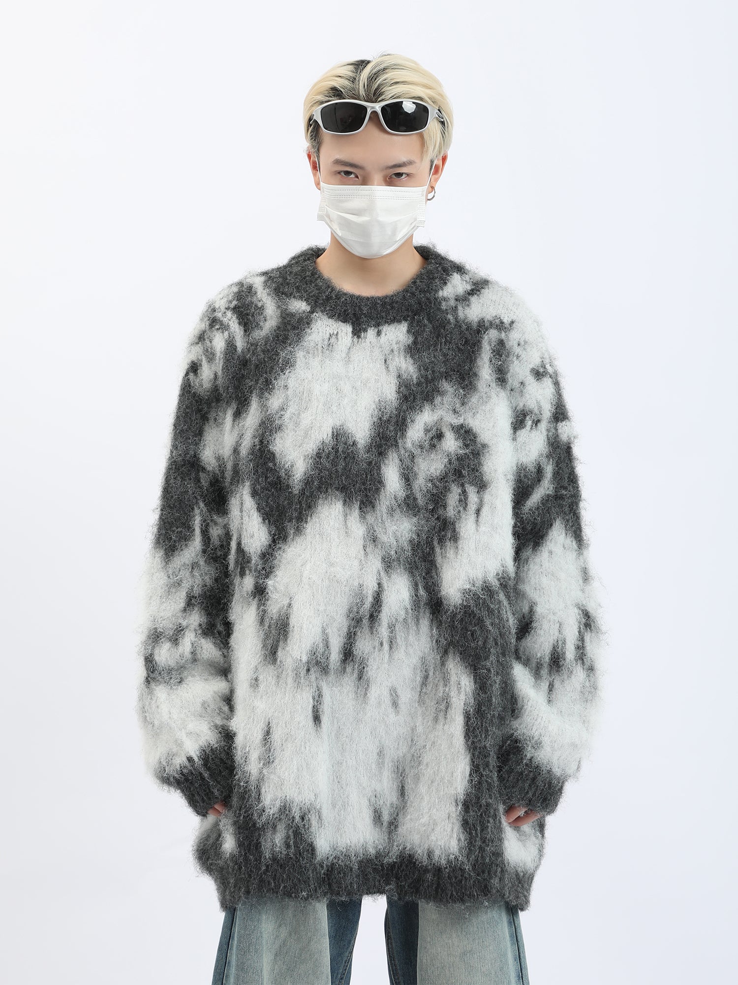 Ribbed Trim Abstract Print Fuzzy Mohair Sweater