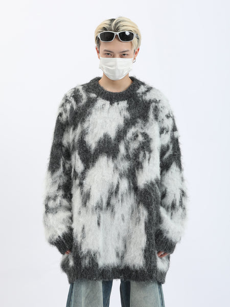 Ribbed Trim Abstract Print Fuzzy Mohair Sweater - nightcity clothing
