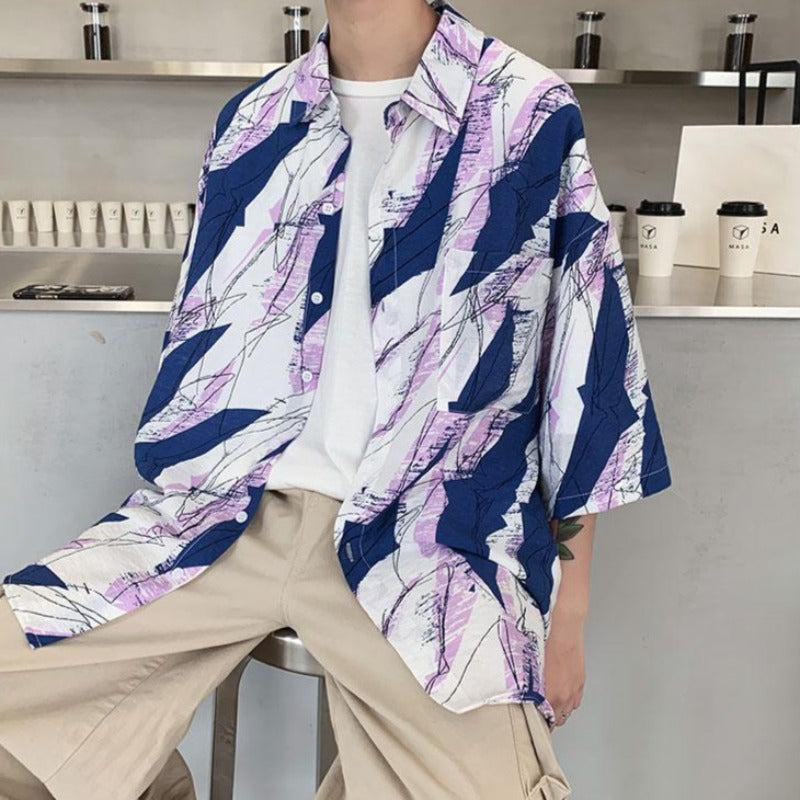 Oversized Abstract Patterned Print Short Sleeve Shirt - nightcity clothing