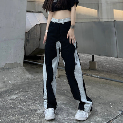 Color Block Distressed Patchwork Straight Pants