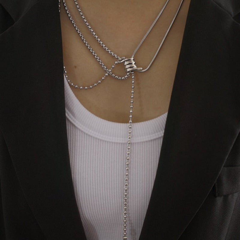 Multi-Layer Chain and Bead Necklace with Coil Pendant - nightcity clothing