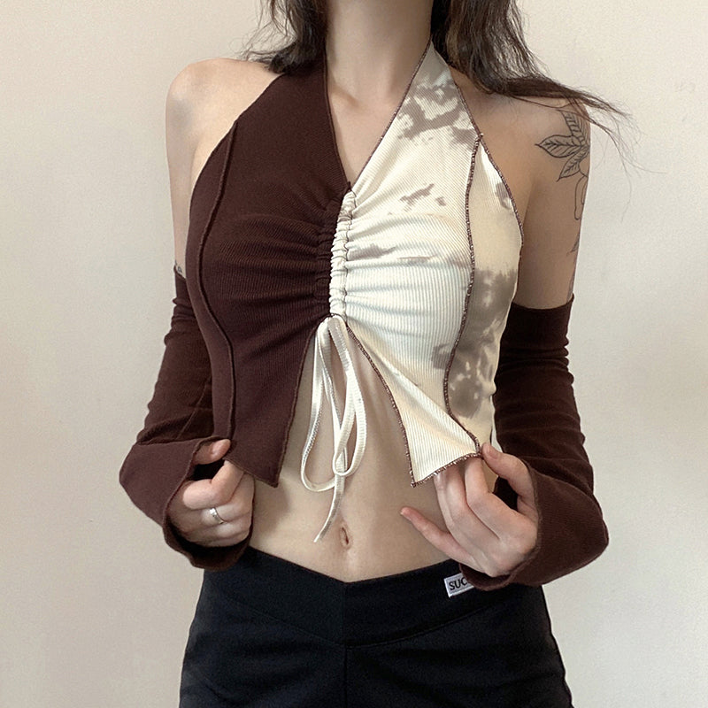 Patchwork Halter Crop Top with Removable Sleeves - nightcity clothing