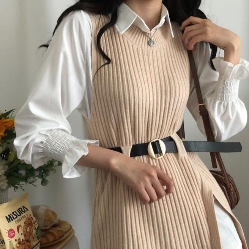 Slim Knit Vest with Ruffle Sleeve Shirt Two-Piece Set