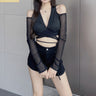 Cold Shoulder Wrap Tie Mesh Long Sleeve Top - nightcity clothing