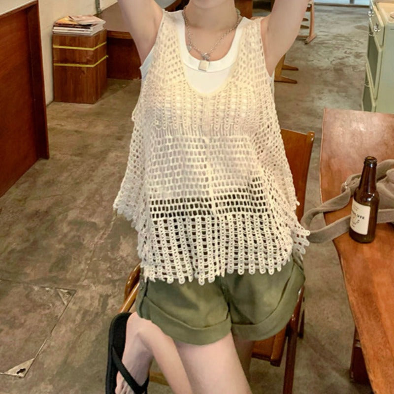 Ribbed Tank Top and Crochet Fringe Vest Two-Piece Set - nightcity clothing