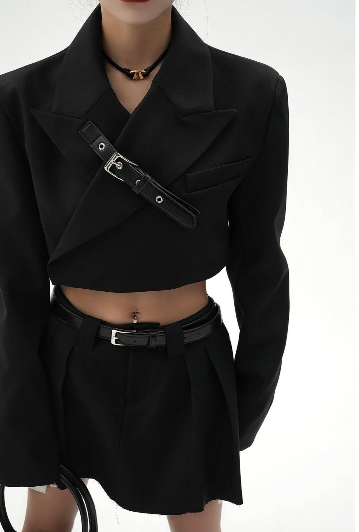 Cropped Blazer with Collar Belt Strap and Pleated Mini Skirt Two-Piece Set