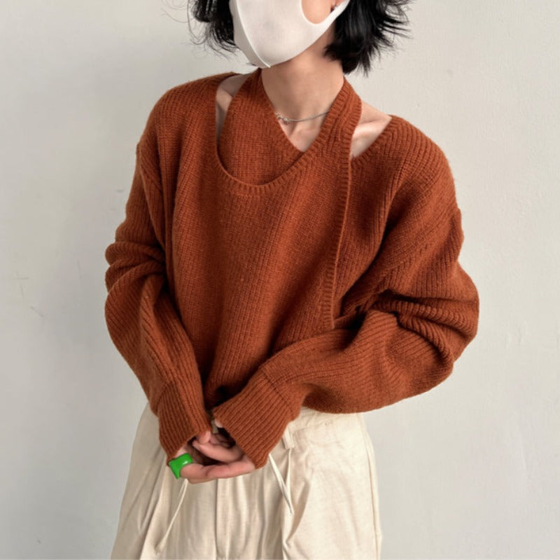 Asymmetric Mock-Layered Long Sleeve Knit Sweater - nightcity clothing