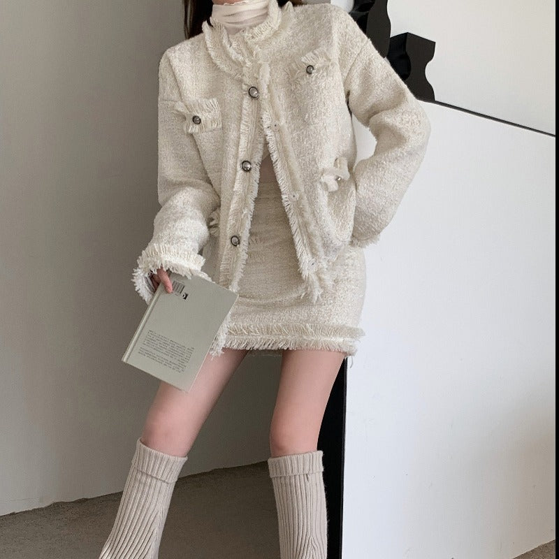 Slim Tweed Boucle Tassel Hem Coat and Mini Skirt Two-Piece Set - nightcity clothing