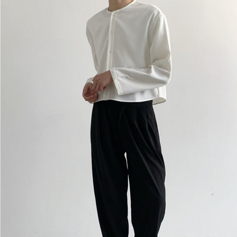 Slim Grandad Collar Button Lightweight Shirt - nightcity clothing