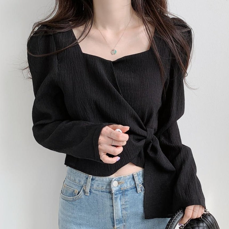 Puff Sleeve Crimped Top with Side-Tie - nightcity clothing
