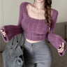 Fuzzy Knit Flare Long Sleeve Crop Top - nightcity clothing
