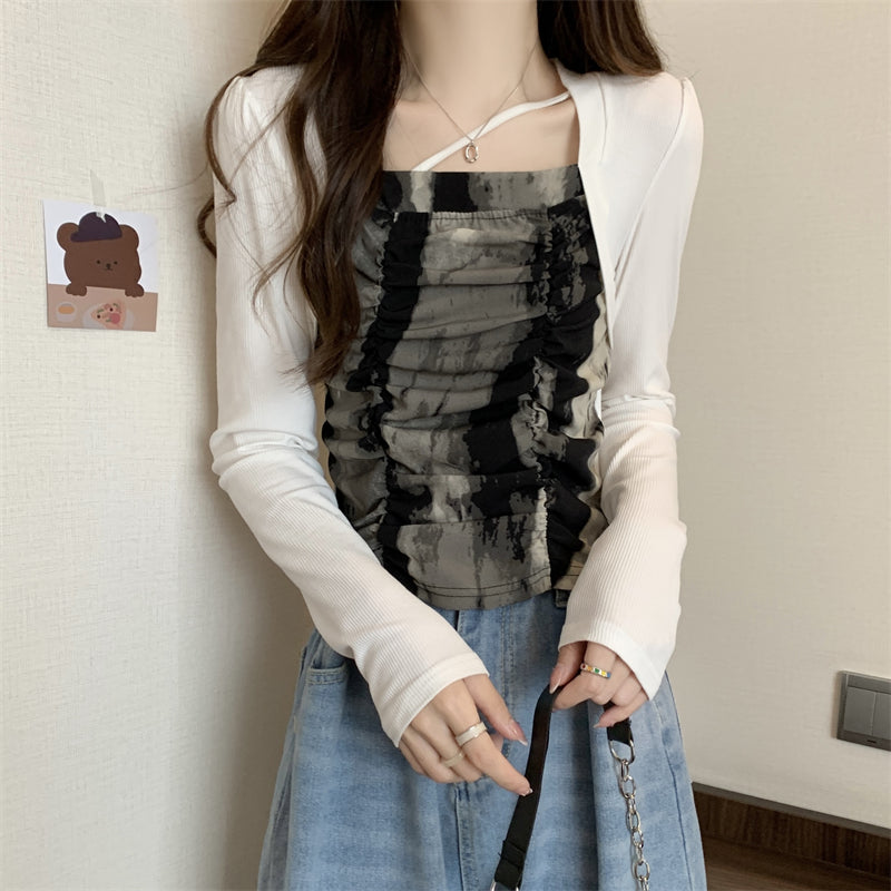 Mock Two-Piece Ruched Tie-Dye Long Sleeve Top - nightcity clothing