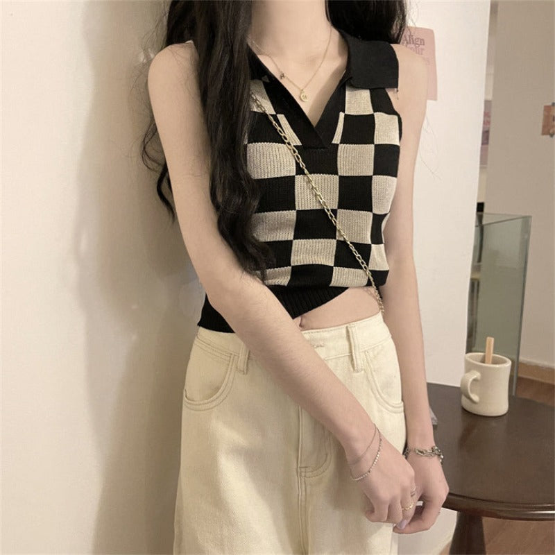 Skinny Checkerboard Sleeveless Knit Collared Top - nightcity clothing