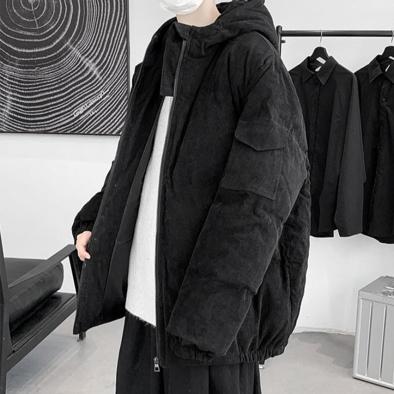 Corduroy Hooded Puffer Jacket with Sleeve Pocket - nightcity clothing