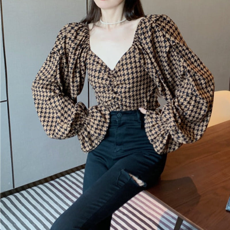 Houndstooth Off Shoulder Puff Sleeve Top - nightcity clothing