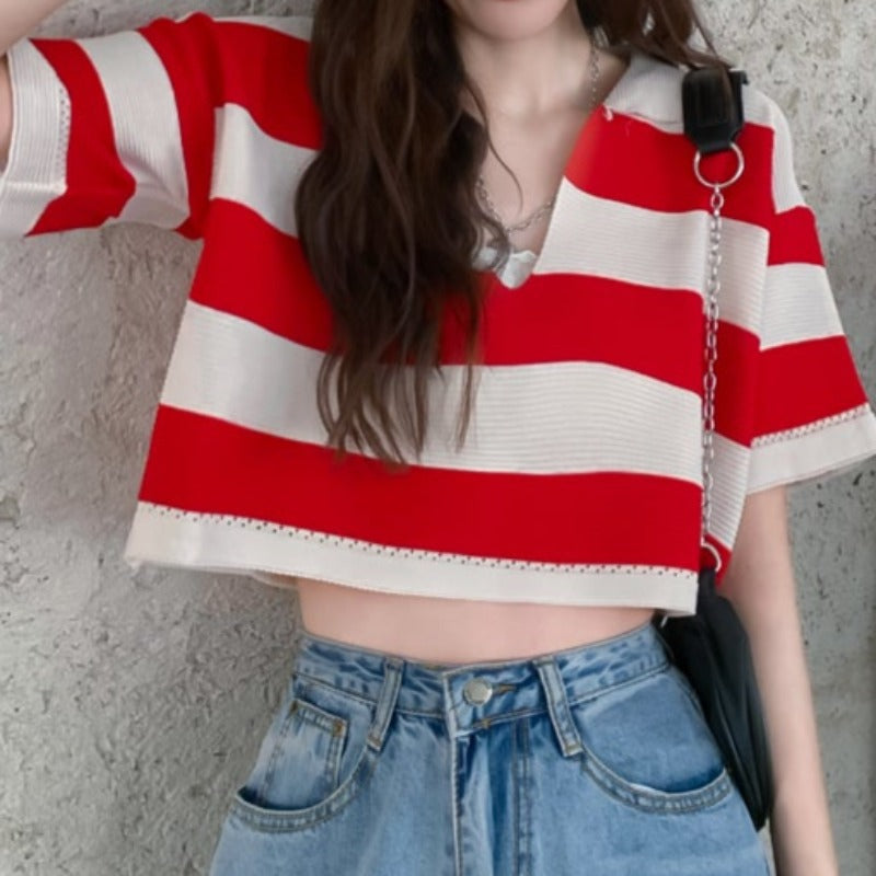 Striped Collared Crop Top - nightcity clothing