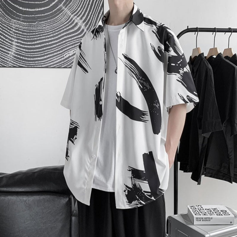 Oversized Brush Stroke Print Short Sleeve Shirt – nightcity clothing