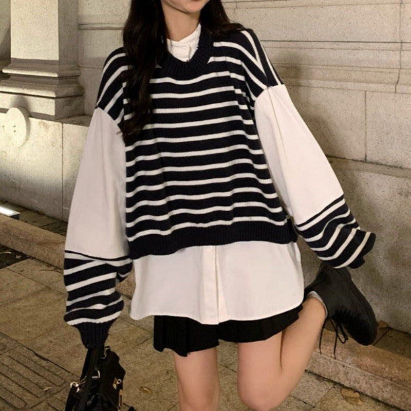 Oversized Mock Two-Piece Stripe Long Sleeve Top - nightcity clothing