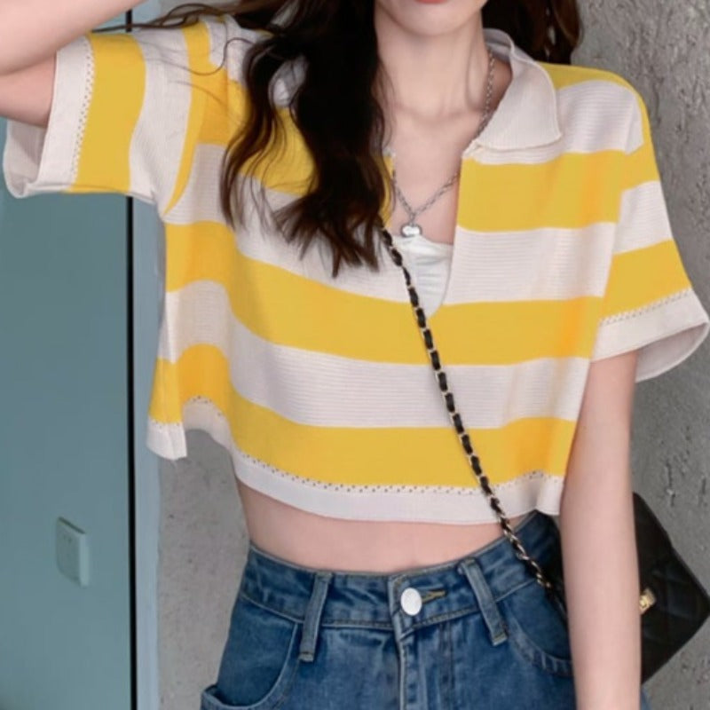 Striped Collared Crop Top - nightcity clothing