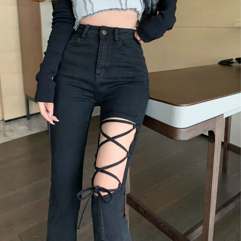 Skinny Semi-Flare Jeans with Asymmetric Thigh Tie-Up Cut-Out - nightcity clothing