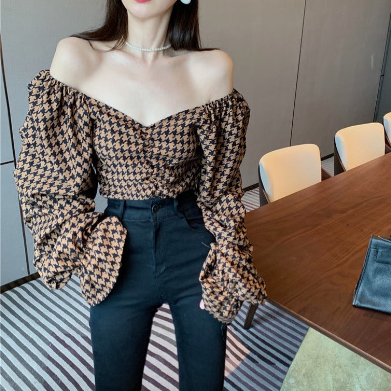Houndstooth Off Shoulder Puff Sleeve Top - nightcity clothing