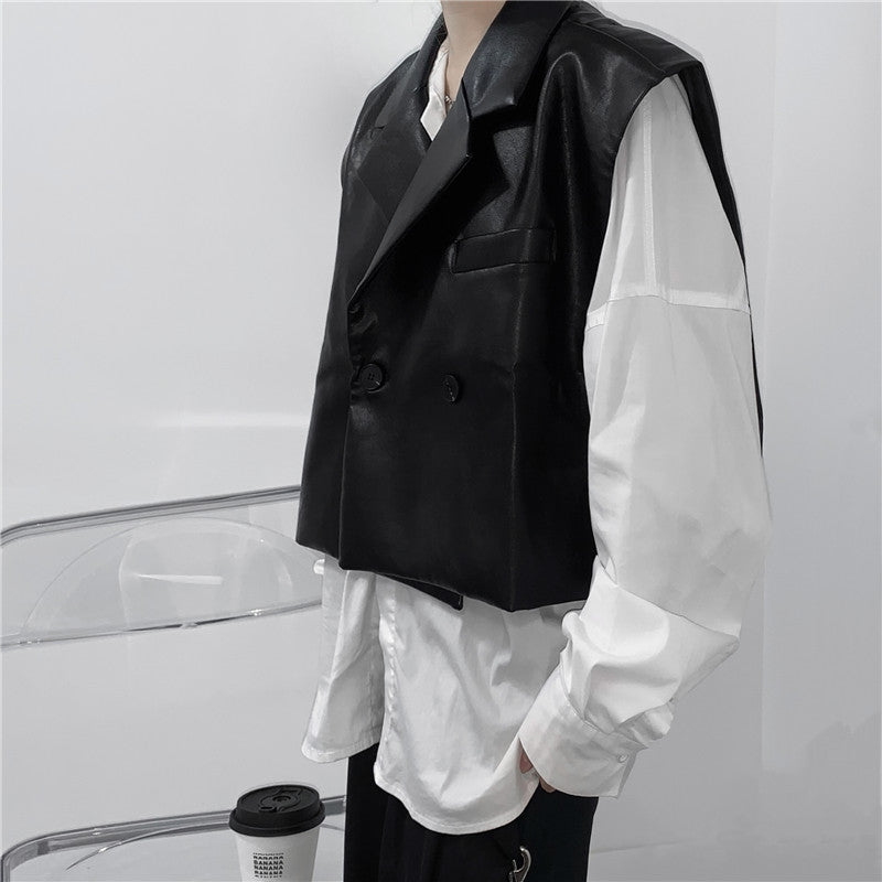 Oversized Faux Leather Cropped Lapel Vest - nightcity clothing