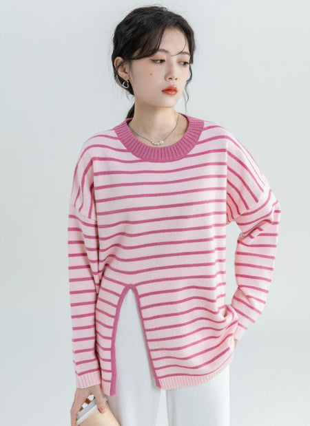 Ribbed Trim Stripe Split Hem Top - nightcity clothing