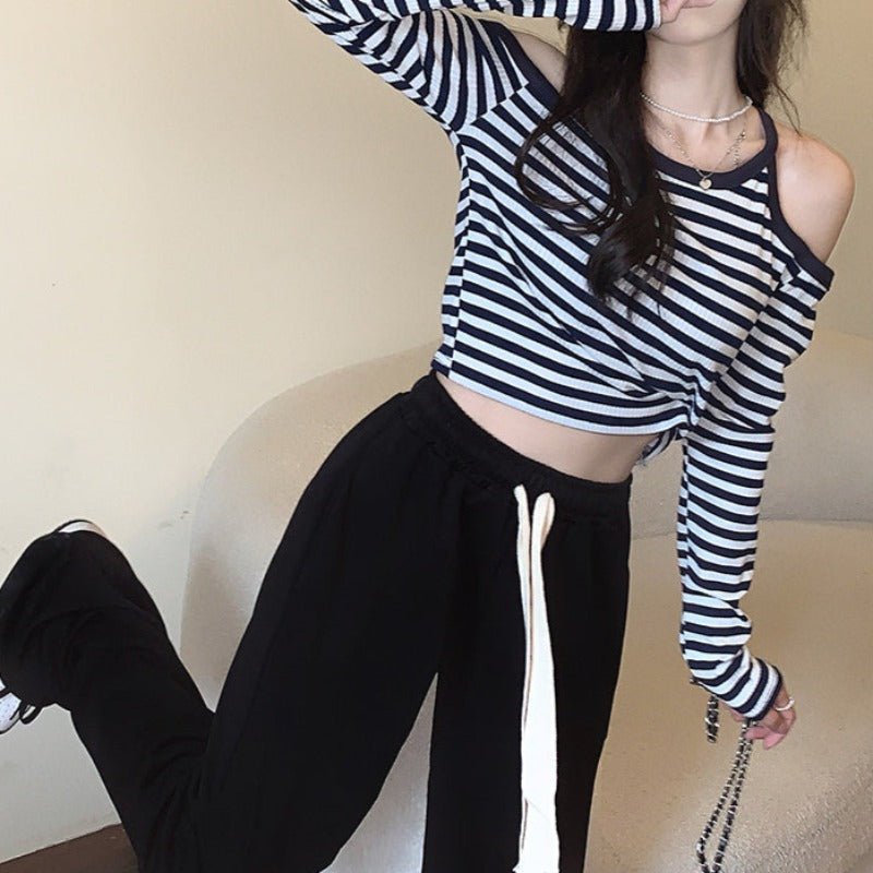Striped Cold Shoulder Long Sleeve Top - nightcity clothing