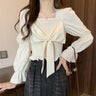Mock Layered Bow Smocked Puff Sleeve Top - nightcity clothing