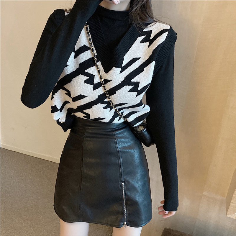 Slim Houndstooth Knit Vest - nightcity clothing