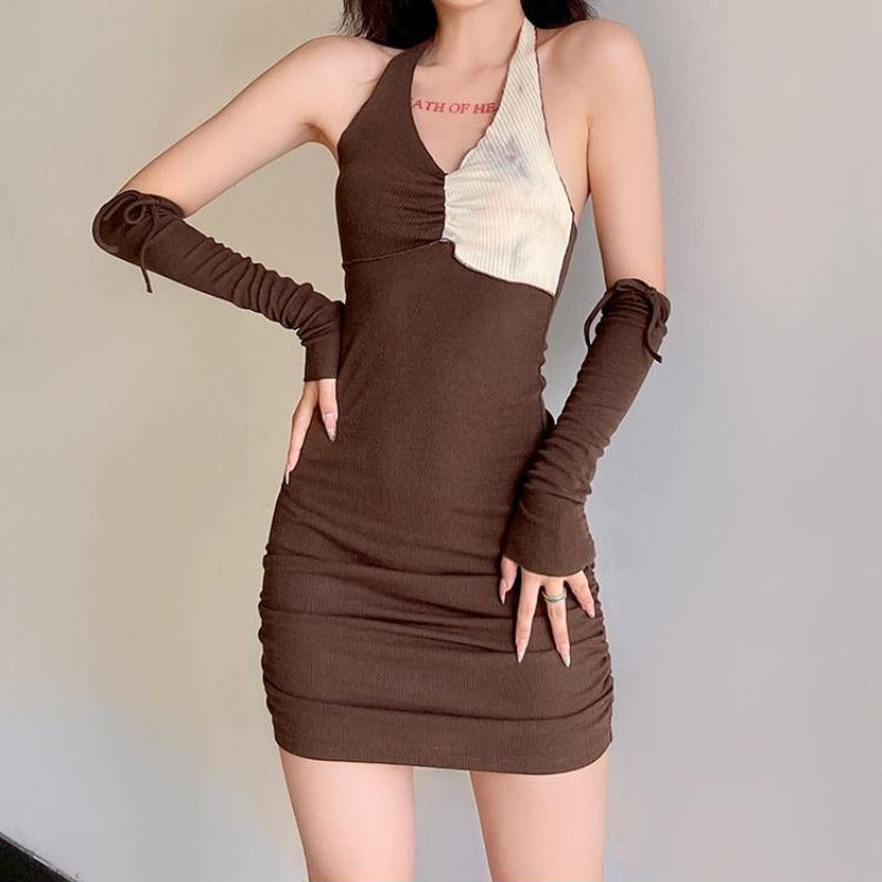 Patchwork Halter Mini Bodycon Dress with Removable Sleeves - nightcity clothing