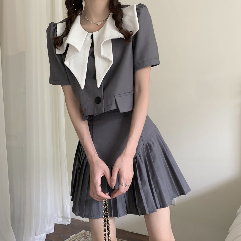 Sailor Collar Lightweight Cropped Blazer and Pleated Skirt Two-Piece Set - nightcity clothing