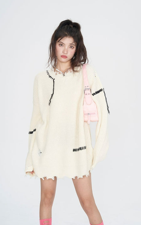 Distressed Hem Contrast Stitch Knit Pullover