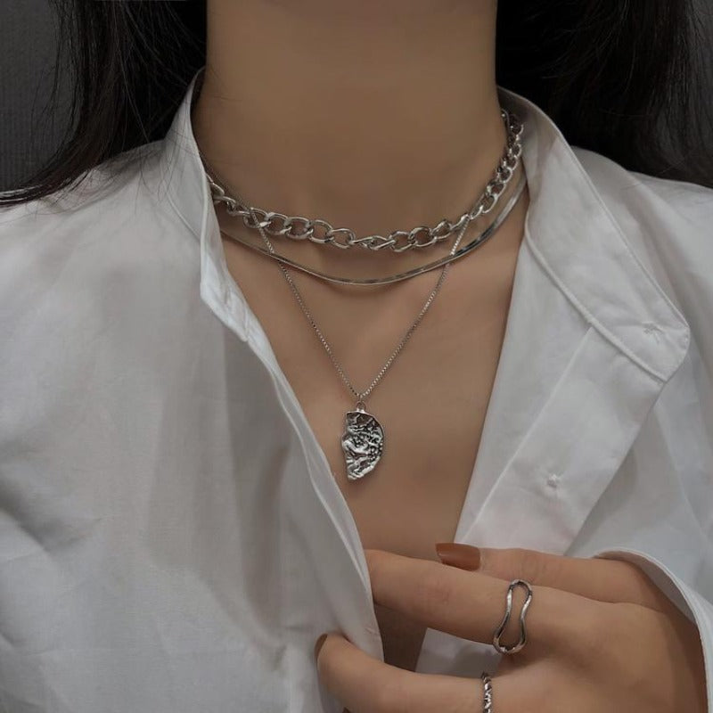 Multi-Layer Necklace with Partial Coin Pendant - nightcity clothing