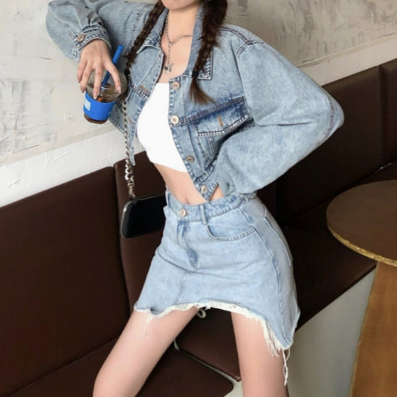 Cropped Denim Button Jacket and Asymmetric Distressed Mini Skirt Two-Piece Set
