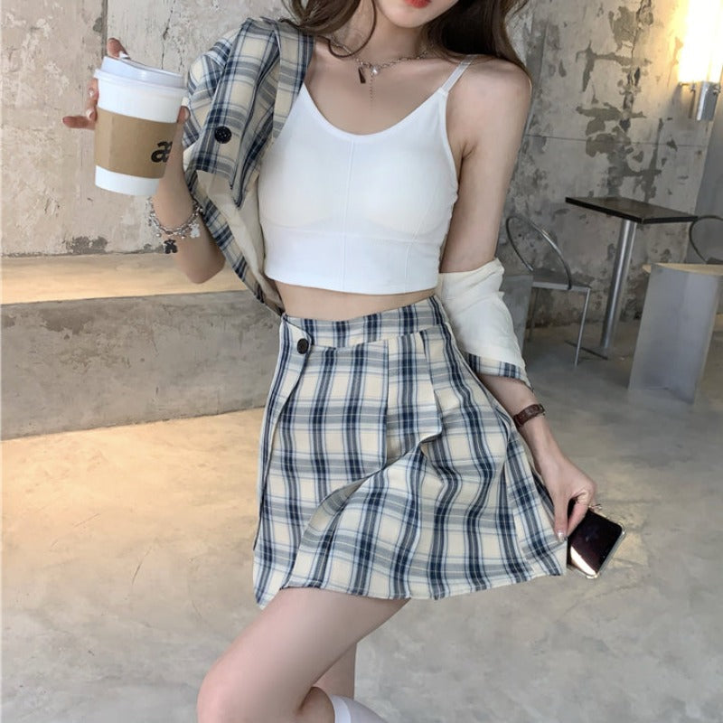 Plaid Cropped Short Sleeve Blazer Top and Asymmetric Mini Skirt Two-Piece Set - nightcity clothing