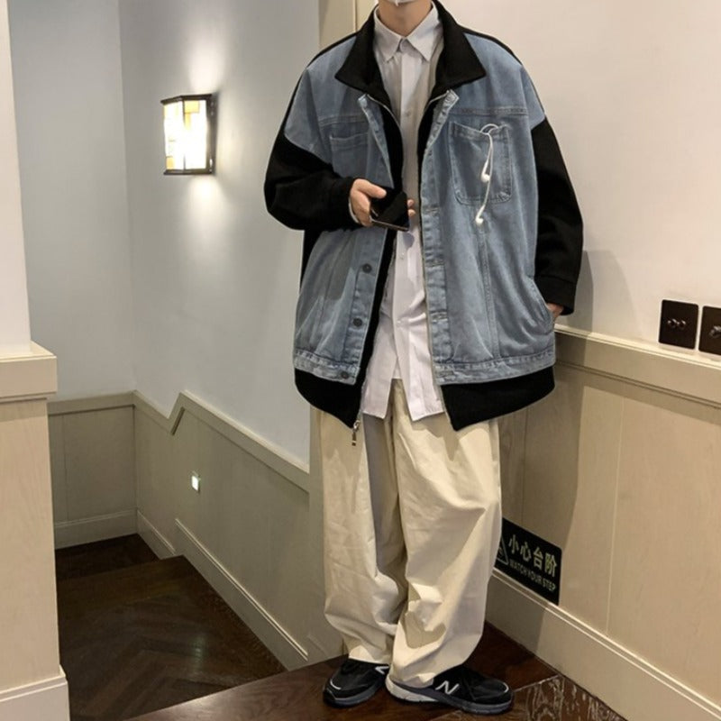 Oversized Patchwork Mock Two-Piece Denim Jacket - nightcity clothing