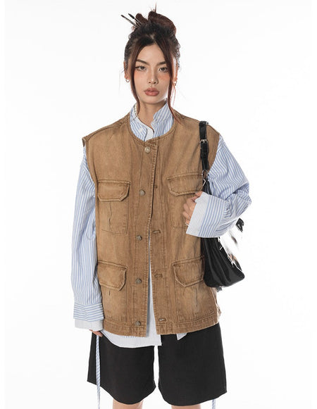 Oversized Faded Denim Vest - nightcity clothing