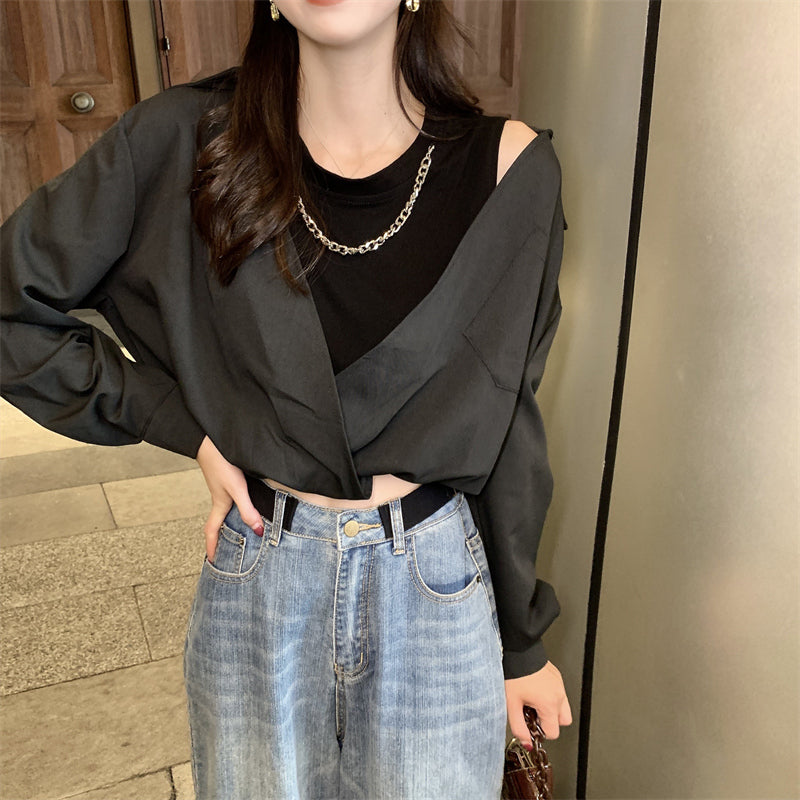 Off-Shoulder Asymmetric Mock Layer Blouse and Accessorized Tank Top - nightcity clothing