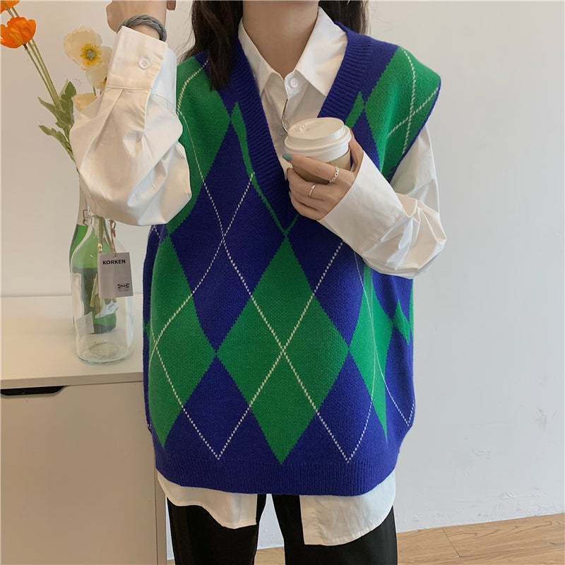Slim Argyle Sleeveless Sweater Vest - nightcity clothing