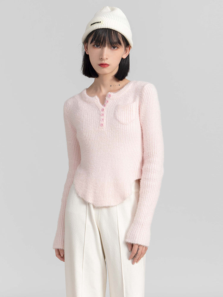 Fuzzy Skinny Ribbed Half Button Top