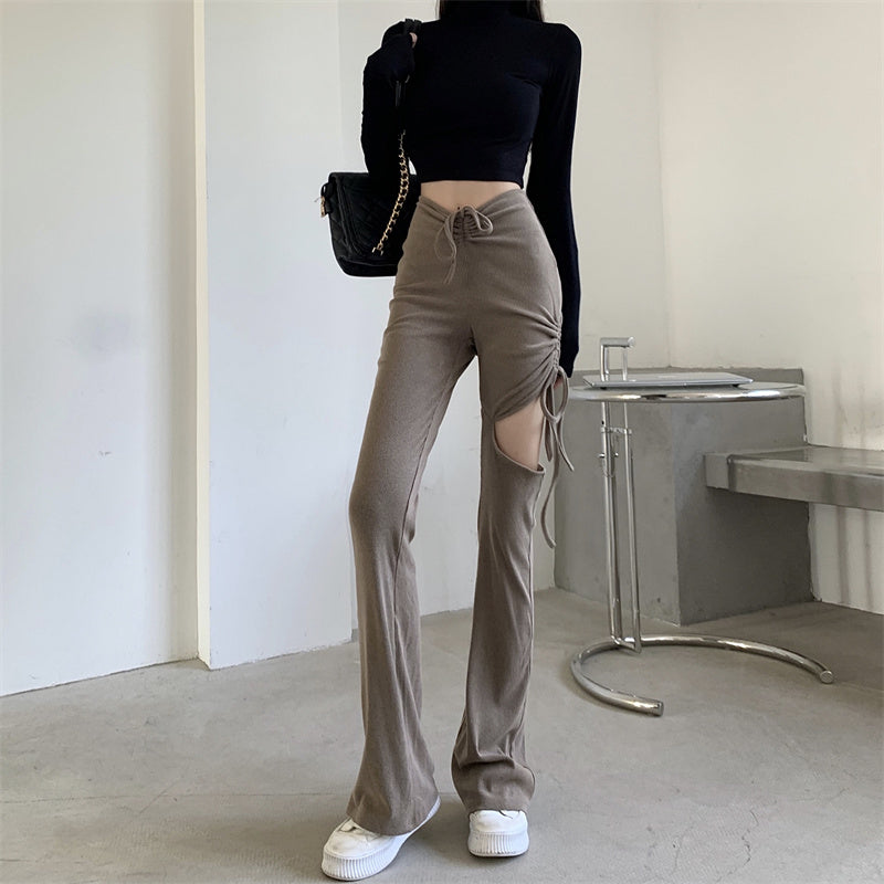 Slim Knit Lightweight Pants with Asymmetric Ruched Cut-Out - nightcity clothing