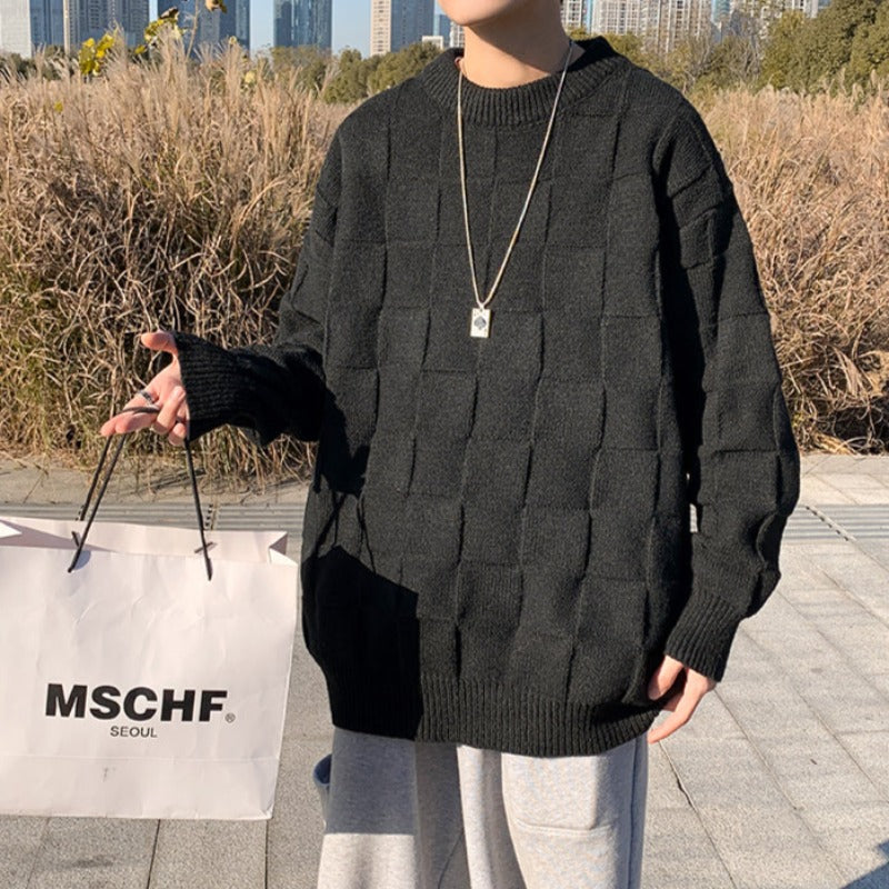 Textured Grid Crew-Neck Pullover - nightcity clothing