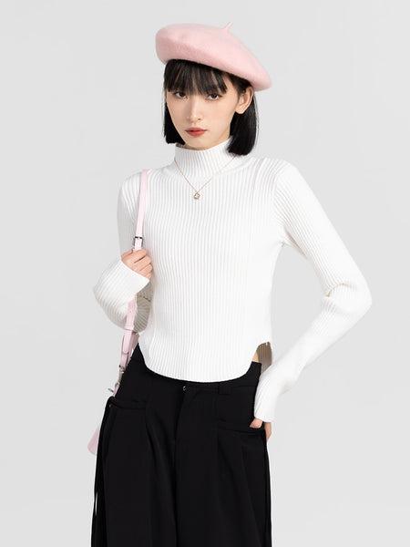Ribbed U Shaped Hem High Neck Top