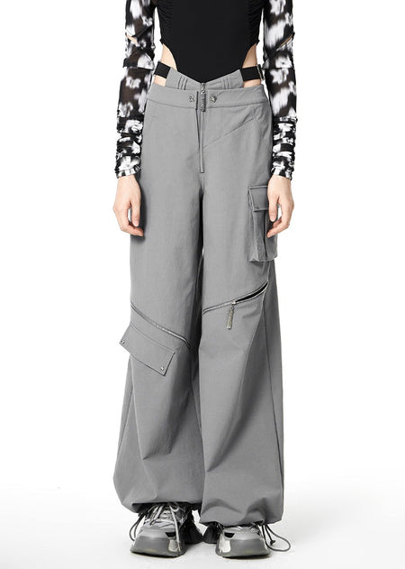 Layered Waist Strap Knee Zip Wide Leg Pants