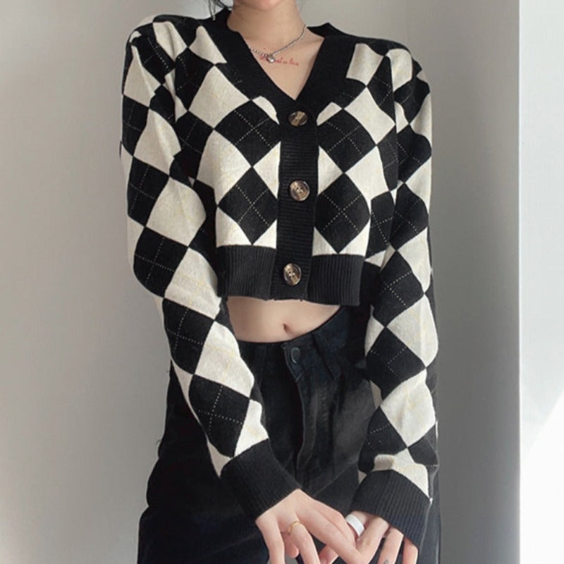 Slim Diagonal Checkerboard Cropped Cardigan - nightcity clothing